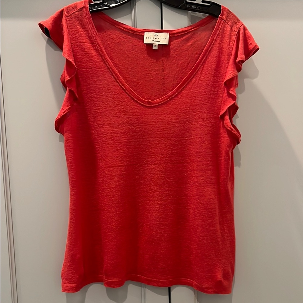 Essentiel Antwerp Orange Ruffle Sleeve Linen Top